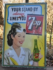 VINTAGE 7UP PORCELAIN ADVERTISING PORCELAIN SIGN 12" X 8" COKE, PEPSI 