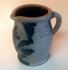 1987 Rowe Pottery Works 4 3/4" tall - Salt Glaze Floral Pitcher AARFAC Rooster