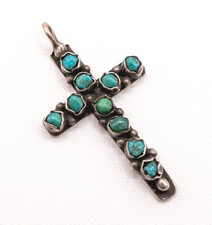 Vintage Southwestern Turquoise and Sterling Silver Cross Pendant with 10 Stones