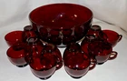 Anchor Hocking RUBY RED Punch Bowl with 12 Cups Vintage