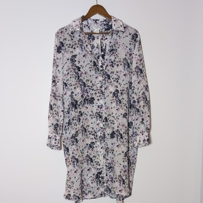 NWT Club Monaco Silk Floral Button Down Shirt Dress Preppy Purple Grey XL