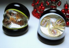 Pair Hand Blown Glass Artisan Rings: Yellow Stripe Size 6 and Marble Top Size 7