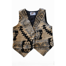 Vintage Black and Cream New Mexican Woven Tapestry Vest Concho Buttons