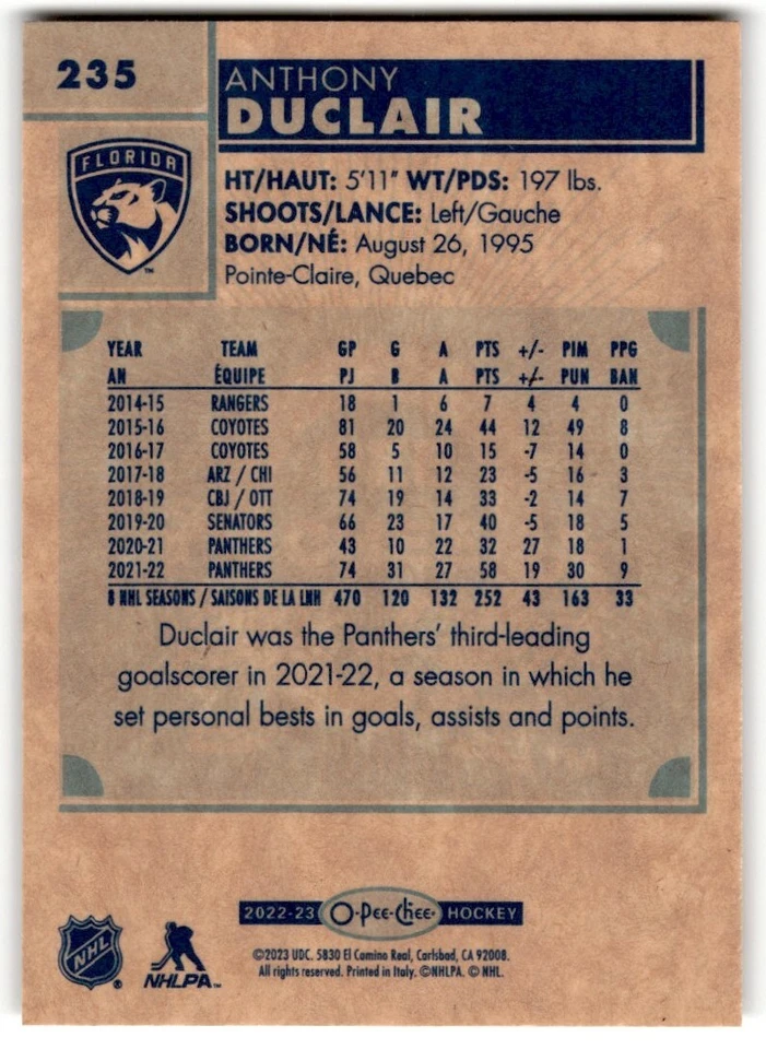 Anthony Duclair 2022-23 O-Pee-Chee Retro #235 Florida Panthers - Image 2 of 2