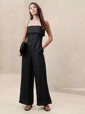 BANANA REPUBLIC Onda Linen Jumpsuit 12P 10 PETITE | Black #891468 NEW