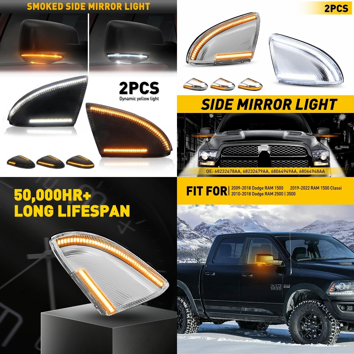 Sequential LED Mirror Turn Signal Puddle Light For 09-22 Dodge Ram 1500 2500 M