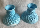 Pair Vintage Fenton BLUE Swirl Milk Glass Hobnail Candlestick Candle Holder