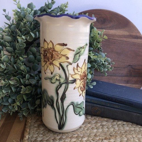 Handmade Art Pottery Vase Ruffled Rim Painted Yellow Sunflowers Artist Signed - Picture 2 of 10
