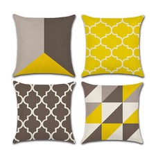 Set of 4 Pillow Covers 18x18, Yellow Geometric Gray Pattern Style Linen Fabric