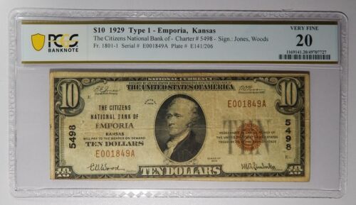 1929 Emporia, KS. The Citizens National Bank $10 PCGS Banknote VF 20