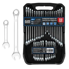 32 Piece SAE & Metric Combination Wrench Set, Open End and 12-Point, CR-v Mirror