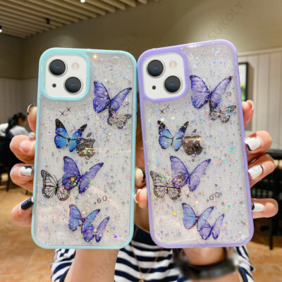 Case For iPhone 16 15 14 13 Pro Max 12 11 Glitter Butterfly