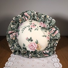 Vintage Round Double Sided Cottage Core Throw Pillow With Pink Roses and Ruffle