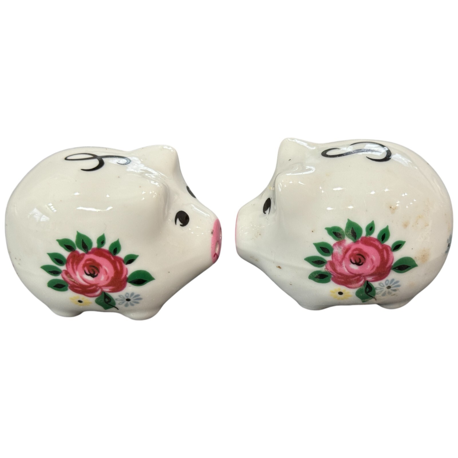 Vintage Floral Pigs Piglets Hogs Flowers Kissing Painted Salt and Pepper Shakers