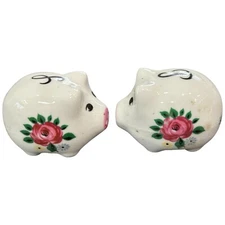 Vintage Floral Pigs Piglets Hogs Flowers Kissing Painted Salt and Pepper Shakers