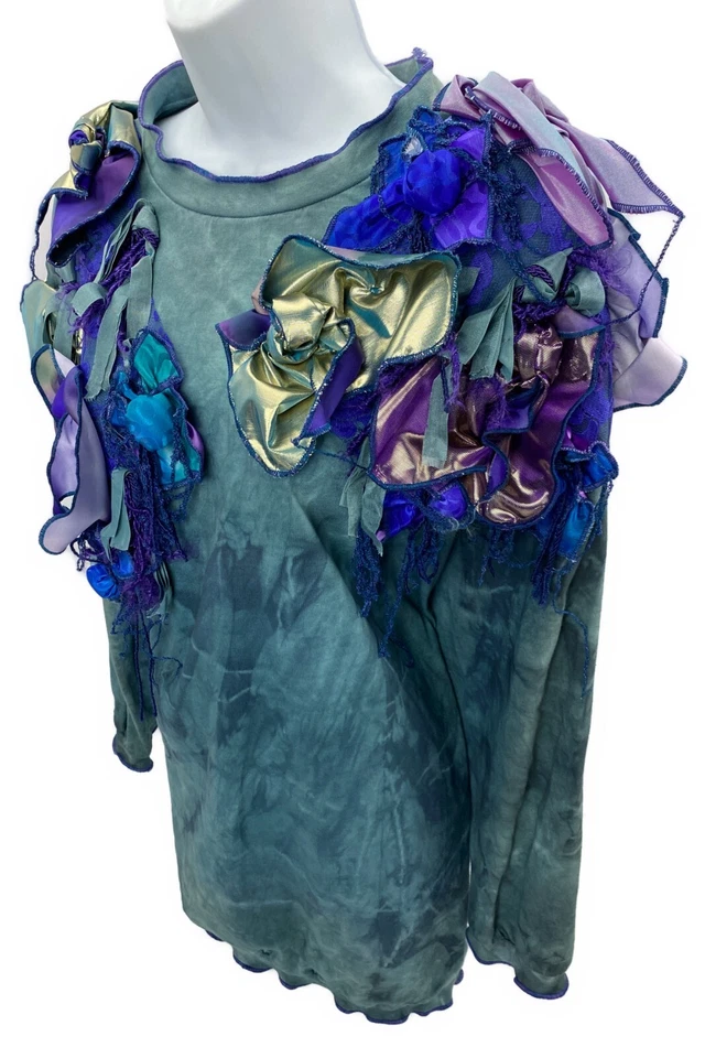 One Size Sue Blue Retro 80s 90s T Shirt Ribbon Lace Vtg USA Punk Pullover Top - Image 3 of 4