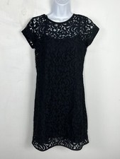 LOFT Womens Sheath Dress sz 0 Navy Blue Black Floral Lace Cap Sleeve Knee Length