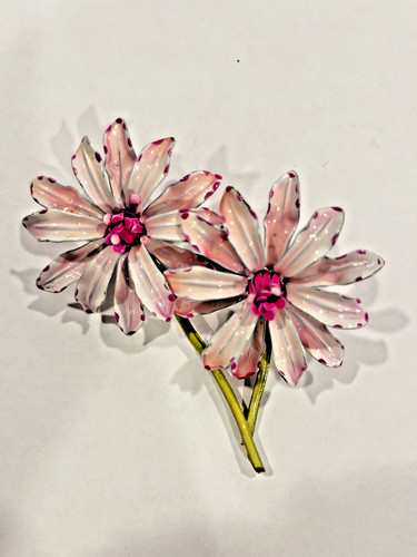 Vintage 1960s Mod Pink Enamel Double Daisy Flower Power Stem Spray Lapel Brooch
