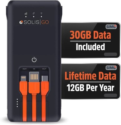 Solis Go, Mobile WiFi Hotspot & Powerbank with 1GB/Monthly + 30GB Data | Built-I