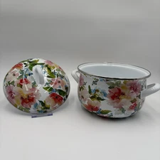CROFTON 4Qt Enamel Floral Casserole Stock Pot Colorful w/ Lid & Handles