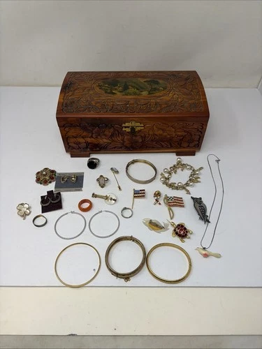 Estate Sale Lot Grandma's Jewerly Box Filled with Vintage Costume Jewelry Gold