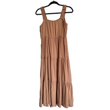 Feminine Summer Neutral Tan Tiered Sun Dress Ruched Straps Square Neck