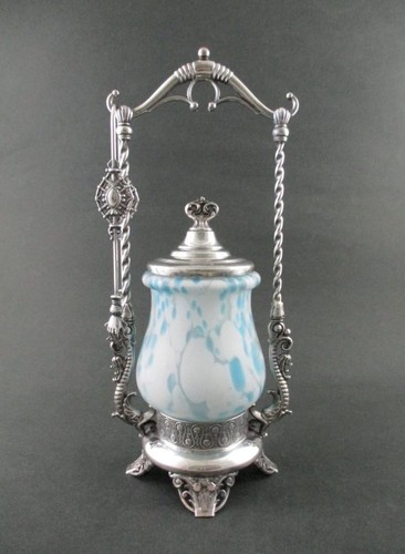 Antique Pickle Castor w/DOLPHINS - BLUE Spatter Glass Jar - James W. TUFTS #3616 - Picture 3 of 12