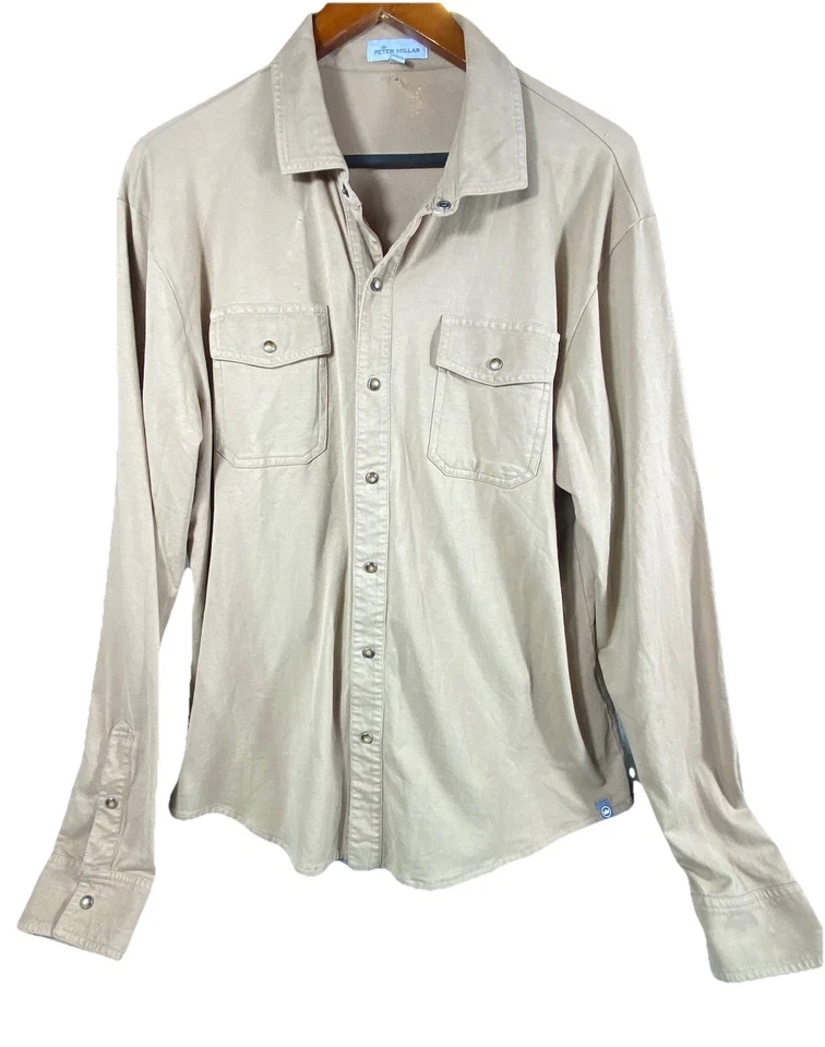 Camisa a Presión Peter Millar Perla Hombres Grande Marrón Manga Larga Pima Elastizada Encaje Lavado Foto 2 de 4