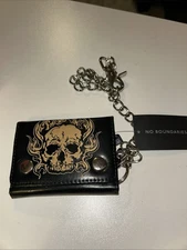No Boundaries Men's Skull Chain Wallet Black RFID Biker Trucker Punk Style Goth