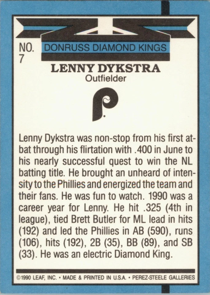 1991 Donruss - Diamond Kings Lenny Dykstra #7 Yellow Stripes On Top Right - Image 2 of 2