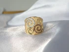 Vintage Gold on Sterling Silver 925 CZ Scroll Wide Band Ring Size 6.5