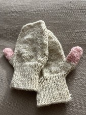 Girl  s Handmade Knitted Mittens White and Pink for Age 6-12 Winter  s Accessory