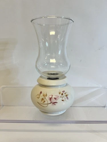 Vintage Hurricane Candle Holder Lamp Hand Painted Floral Milk Glass USA