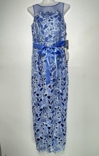 Adrianna Papell Light Blue Embroidered Floral Lace Maxi Dress Women size 2 Belt