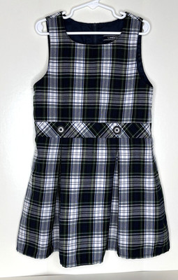 Lands' End Girls 6 School Uniform Top of Knee Jumper Dress White Plaid Evergreen