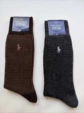 Polo Ralph Lauren Wool Blend Dress Socks Set Of 2 charcoal and taupe Plaid