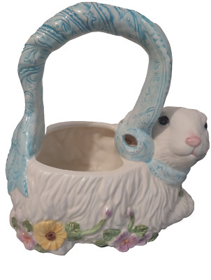 Bunny Rabbit Easter Basket WCL White Teal, Flowerpot Candy Eggs Napkin Holder