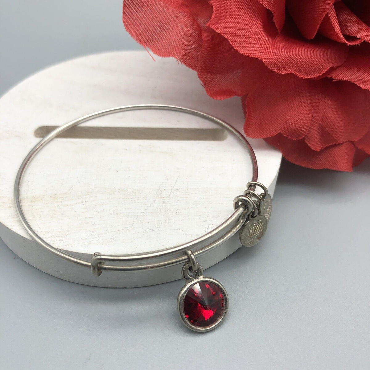 Great Expandable Silver Tone Bracelet Alex Ani Charm Dangle Red