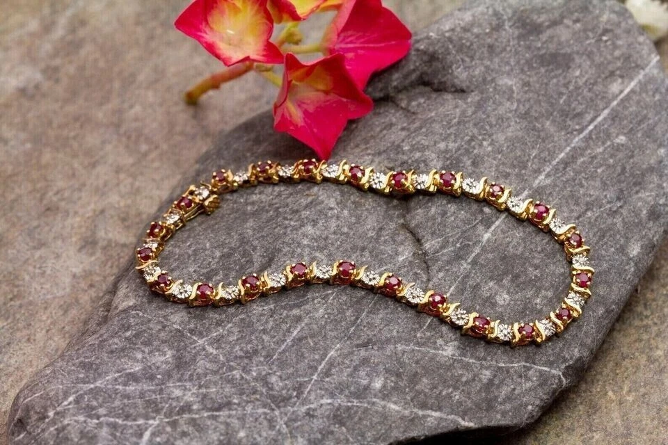 4Ct Round Cut Red Ruby Women's Tennis Bracelet 14K Yellow Gold Plated - Image 3 of 4