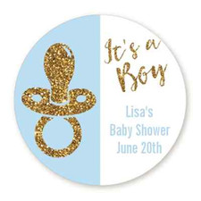 It's A Boy Gold Glitter Pacifier - Round Personalized Baby Shower Sticker Labels