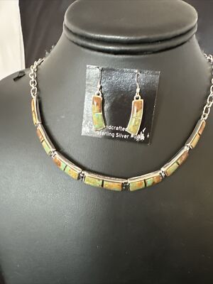 Choker Blue Turquoise#8 Inlay Necklace Navajo Sterling Silver Earrings 16266