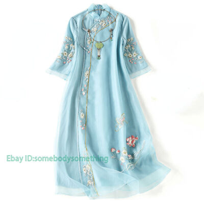 Women Mesh Cheongsam Floral Embroidered Qipao Dress Chinese Ethnic Retro Elegant