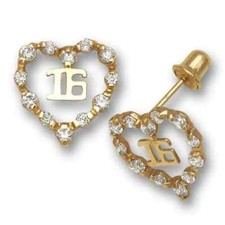 14k Yellow Gold Sweet 16 Heart Shape With CZ Baby Screw Back Stud Earrings