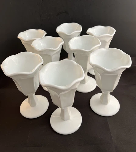 8 White Milkglass Goblets Scalloped Rim White Stemmed Parfait Eggnog Holiday VTG