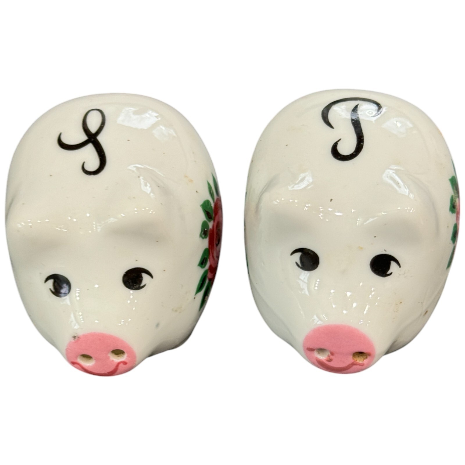 Vintage Floral Pigs Piglets Hogs Flowers Kissing Painted Salt and Pepper Shakers
