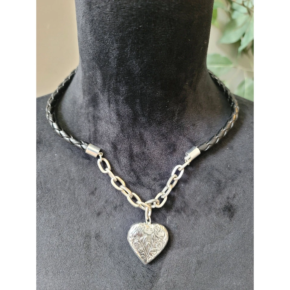 Women's Black Leather Braided Necklace with Silver Heart Locket Lobster Clasp - Image 2 of 4