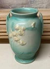 Vintage 1937 Roseville Art Pottery IXIA Green Handles Flower Vase #853-6" Nice