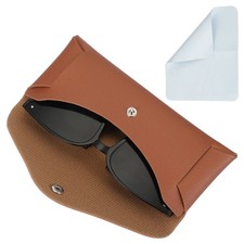 Leather Glasses Case Holder with Button and Cleaning Cloth Khaki 