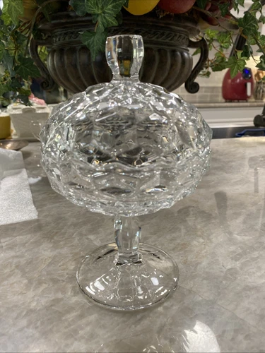 Fostoria American Clear Glass Cubist Pedestal Jam Jelly Compote with Lid 6-3/4"