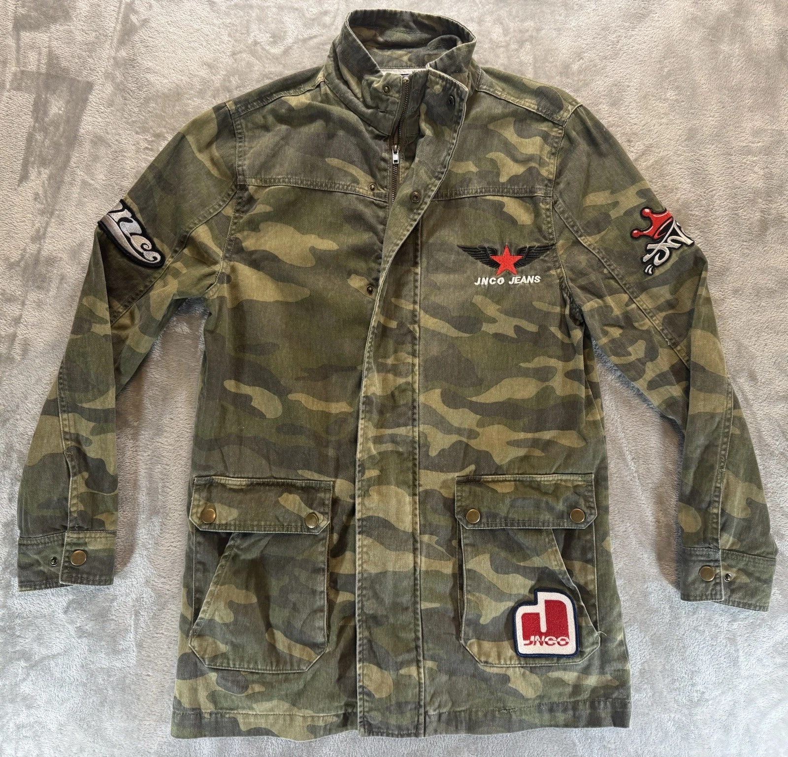 JNCO Jeans Camo Field Jacket Military Style Storm Flap Small Y2K 90s Grunge